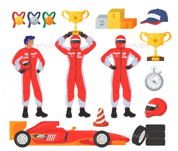 Race Driver Set, Flat Vector Isolated Illustration