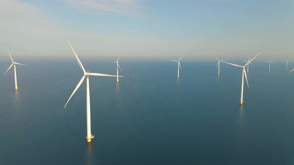 Huge Windmill Turbines Offshore Windmill Farm in the Ocean Westermeerwind Park Windmills Isolated at