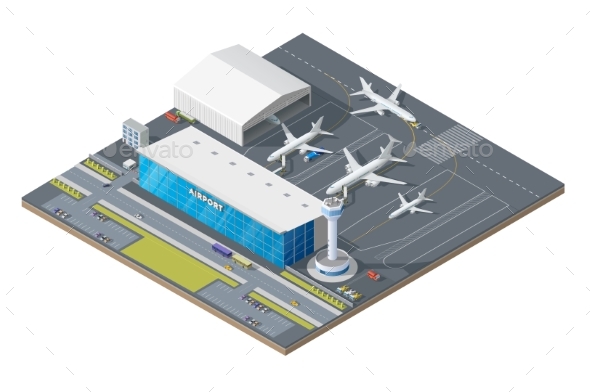 Isometric Airport Building with Airplane on Runway