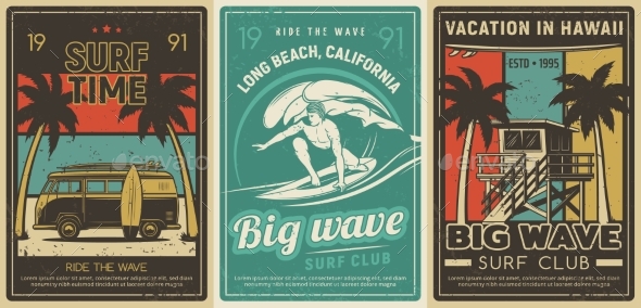 Surfing Club, Vacation Leisure Retro Vector Poster