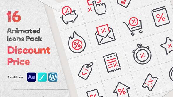 Discount Price 16 Animated Icons Pack - Wordpress Lottie Json Animation SVG