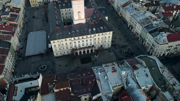 Aerial View of Winter Lviv City on Sunset