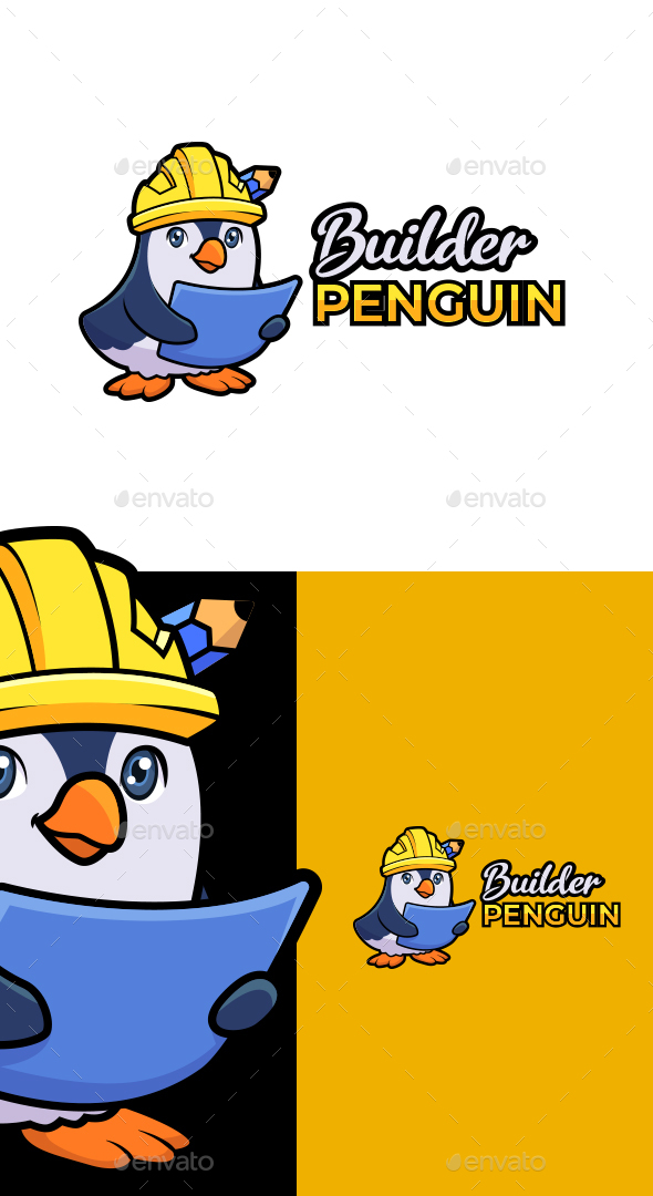 Cartoon Builder Penguin Character Mascot Logo