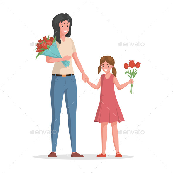 Happy Mother and Daughter in Casual Clothes Vector