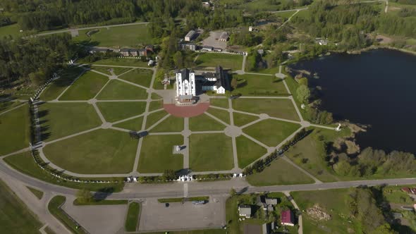 Beautiful Aerial View of the White Chatolic Church Basilica in Latvia Aglona alt