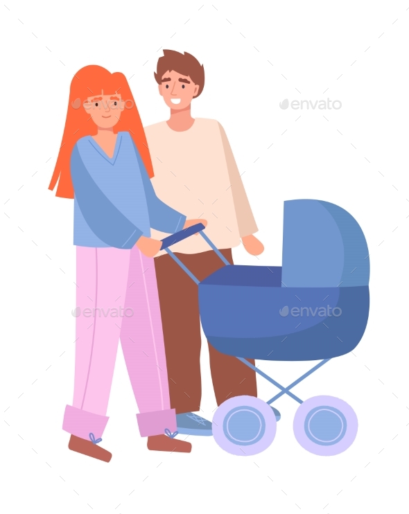 Parents of Mother and Father Walking with Stroller