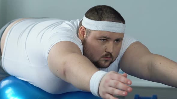 Purposeful Fat Male Doing Static Exercise Lying on Fitness Ball, Desire to Sport