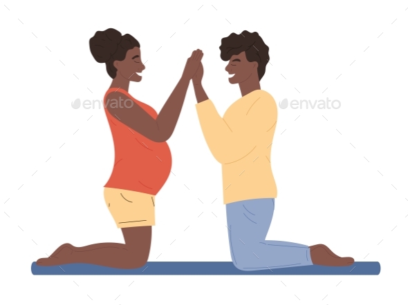 Couple of Man and Pregnant Woman Doing Yoga