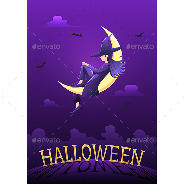 Witch Sitting on Crescent Moon in Halloween Night Above The Graveyard with Halloween Text