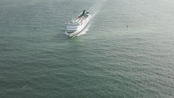 A Ferry Ship On The Irish Sea Entering The Dublin Port In Dublin, Ireland In Slow Motion - aerial