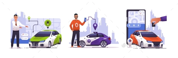 Car Sharing. Cartoon Men with Vehicle. Mobile