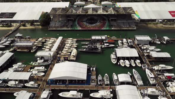 Aerial flyover Miami Boat Show scene