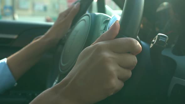 Hands of Business Woman Holding Steering Wheel, Driving Vehicle, Traffic Jam