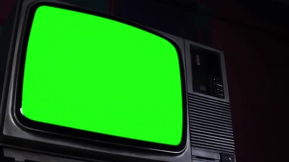 Old Television Set with Green Screen. Low Angle View.