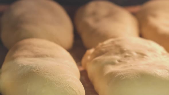 Timelapse with baking pies, buns and bread in the oven, the dough breathes close-up