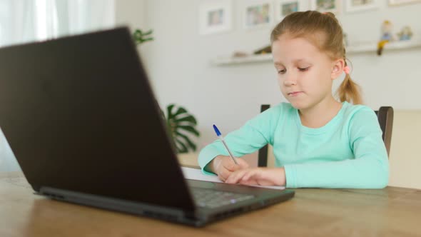 Schoolgirl Girl Doing Homework On Distance Learning