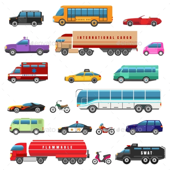 Cartoon Bikes Trucks and Public Transport