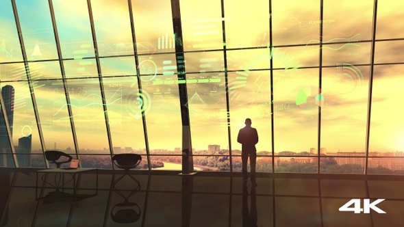 In The Office, Lit By The Setting Sun, Stands A Silhouette Of A Man 4K