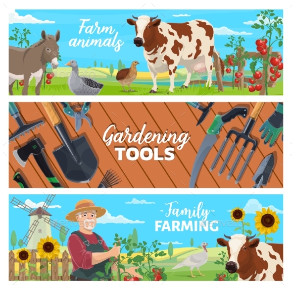 Farming Animals, Gardening Tools Vector Banner