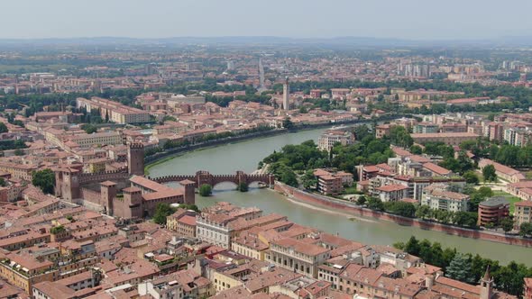 Aerial view of Adige river and Verona city center, Italy