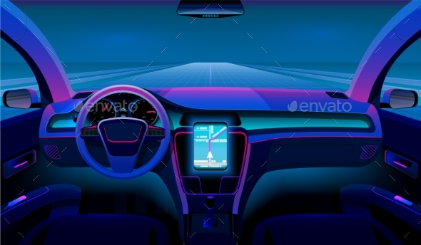 Inside Futuristic Car. Neon Auto, Modern Interior