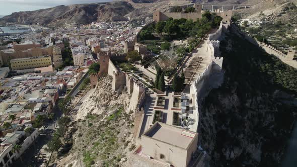 Strategic hilltop position of Caliphate fortress, Almeria Alcazaba; aerial