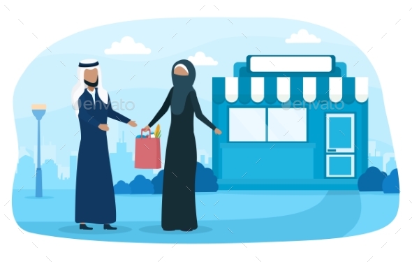 Arab Family Is Standing Near Grocery Store