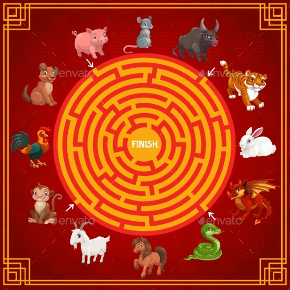 Maze or Labyrinth Game with Chinese Zodiac Animals