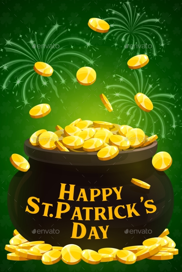 Saint Patrick Day, Leprechaun Gold Coins Cauldron