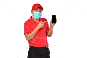 ace mask, protective gloves holding and introducing use of smart phone for delivery isolated on white background