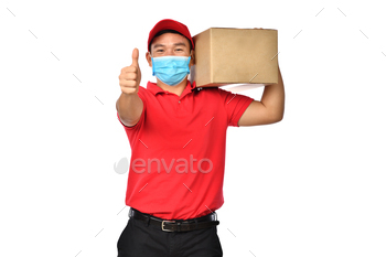 ical face mask with parcel cardboard box and showing his thumb up isolated on white background