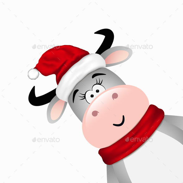 Funny Bull Santa Hat White Background