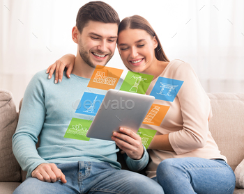 Couple Using Digital Tablet Choosing Vacation Destination At Home, Collage