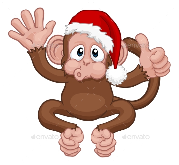 Christmas Monkey Cartoon Character Santa Hat