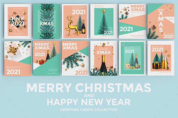 Set of 12 Christmas and Happy New Year Card Template