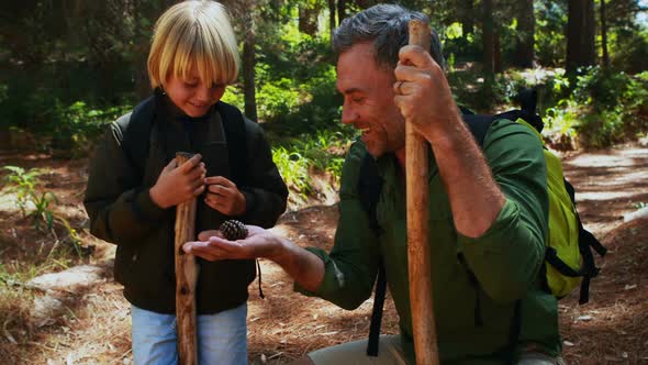 Father showing acorn to son in the park