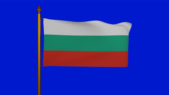 National flag of Bulgaria waving with flagpole on chroma key, zname na Balgariya or Bulgaria flag