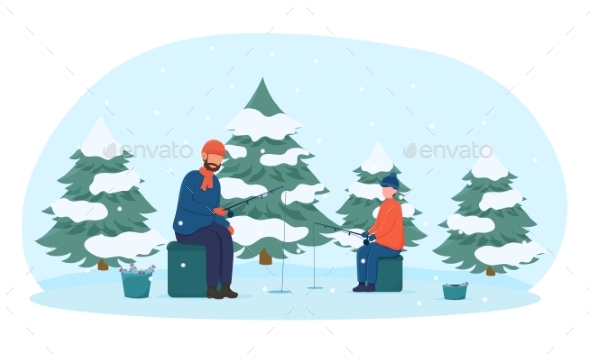 Father and Son Fishing in Winter
