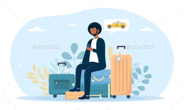 Man Sitting on Luggage and Waiting for Taxi Cab