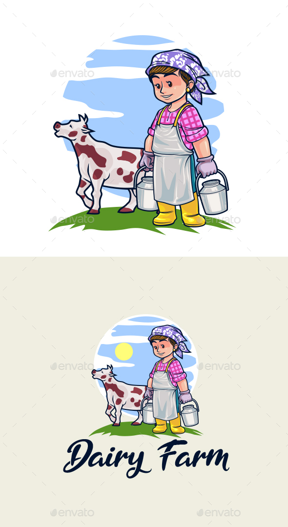 Cartoon Dairy Farm - Female Farmer Character Mascot Logo