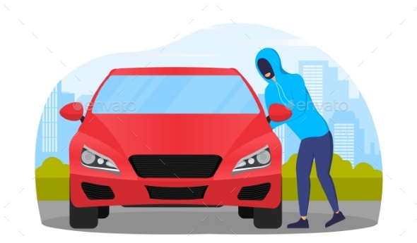 Thief in Black Mask Stealing Red Car