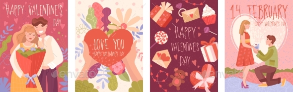 Four Happy Valentines Day Cute Cartoon Cards