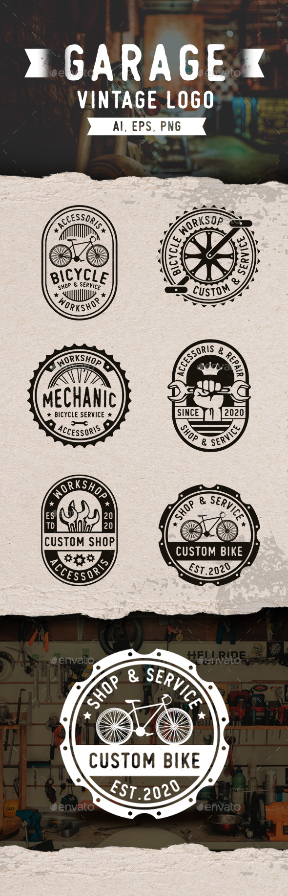 6 Set of Vintage Garage Bicycles Badges