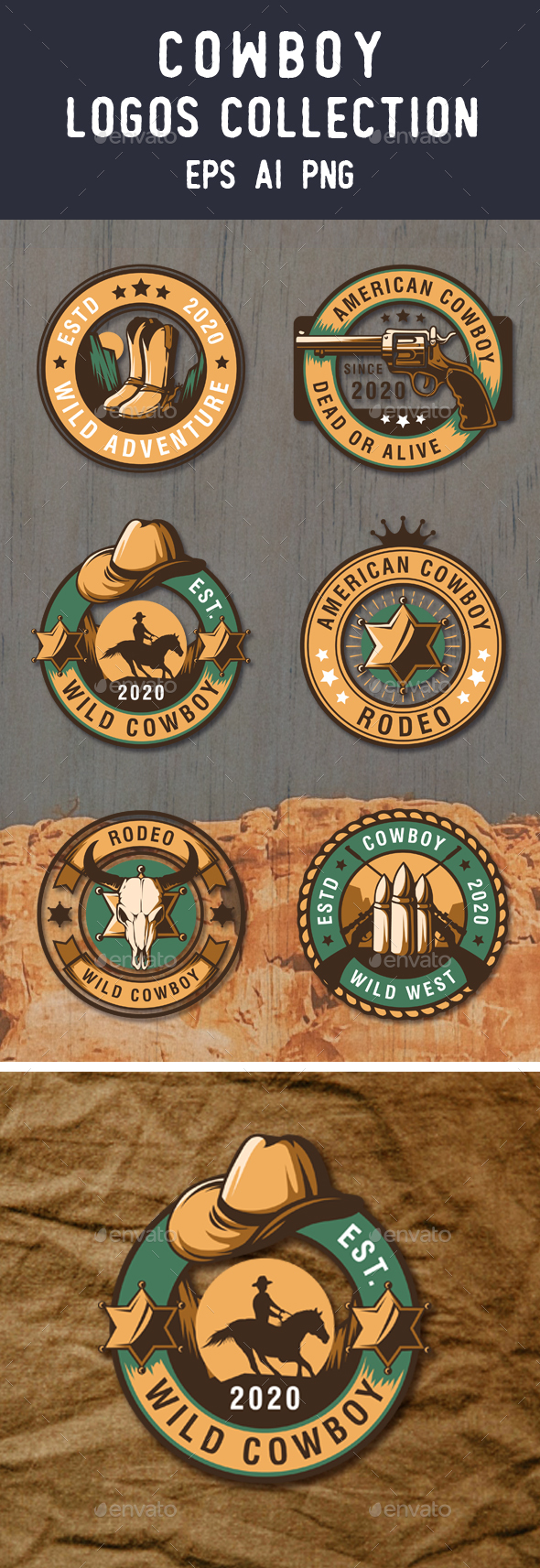 6 Set of Cowboy Rodeo Show Vintage Labels and Badges