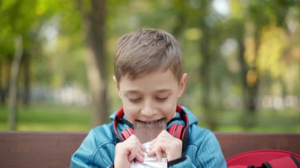 Closeup Portrait of Happy Relaxed Boy Biting Chocolate Bar and Chewing Delicious Dessert