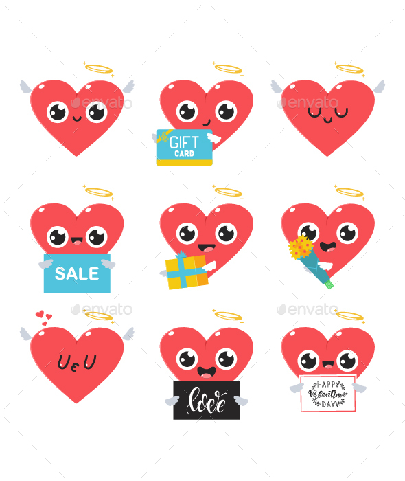 Valentine Day Heart Cartoon Vector Characters Set