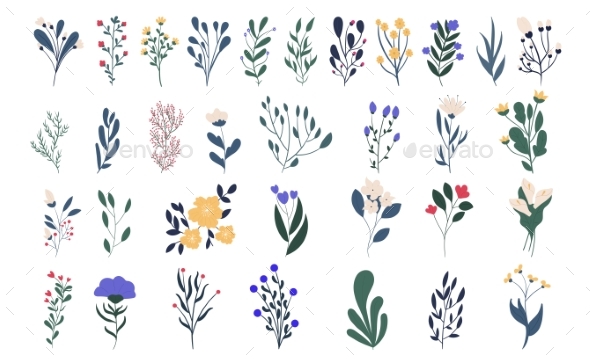 Large Set of Cartoon Flowers and Leaves