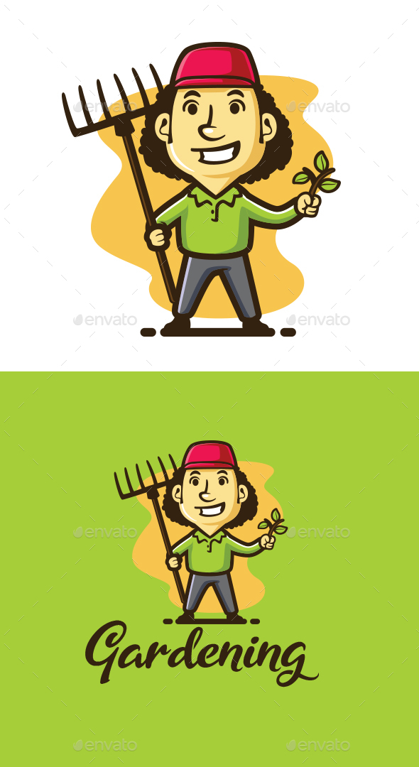 Cartoon Gardening Guy Character Mascot Logo
