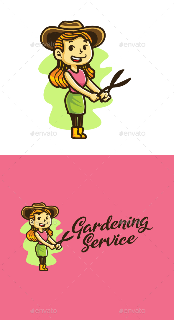Cartoon Gardener Girl Character Mascot Logo