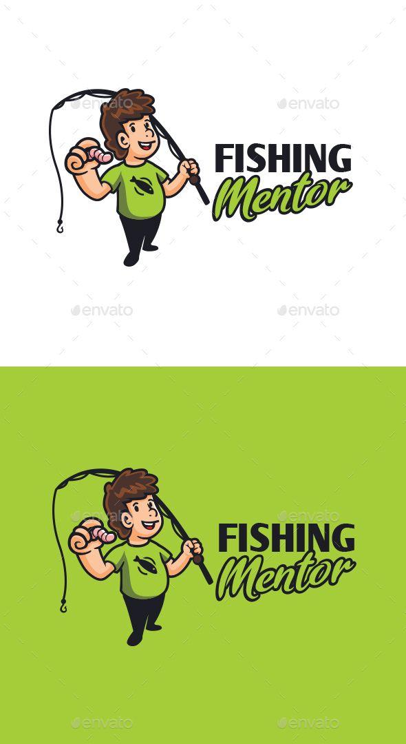 Cartoon Fishing Mentor Character Mascot Logo